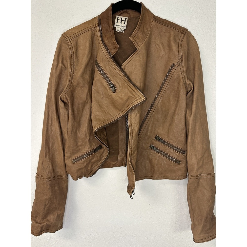 HAUTE HIPPIE Lamb Leather & Silk Lined Moto Crop Asymmetrical Zip Jacket SIZE XS